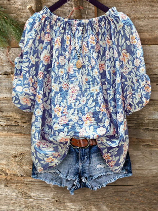 Floral Print Elastic Crew Neck Top