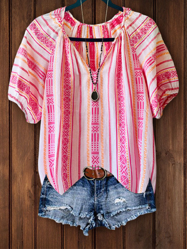 Ethnic Stripe Cotton Casual Blouse