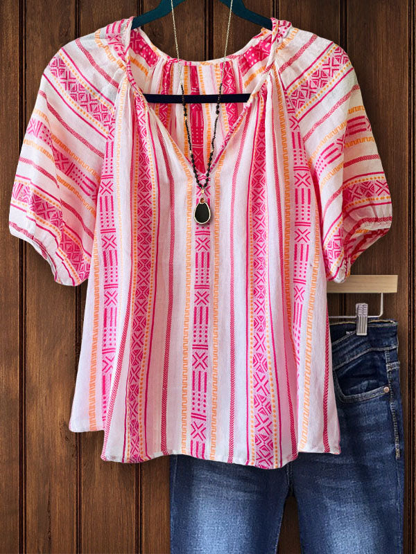 Ethnic Stripe Cotton Casual Blouse