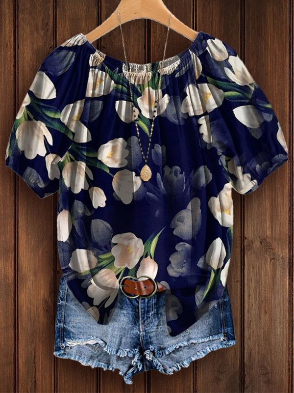 Floral Elastic Collar Short Sleeve Top