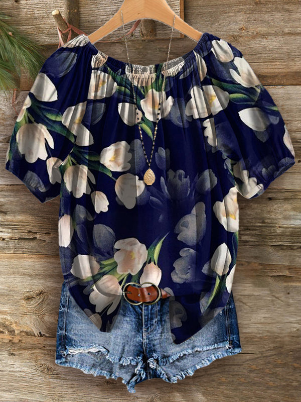 Floral Elastic Collar Short Sleeve Top