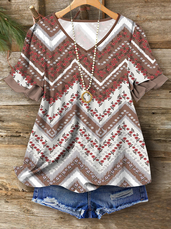 Floral And Geometric V Neck Short Sleeve Top