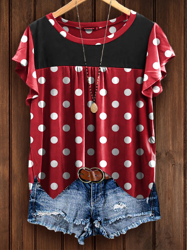 Polka Dot Contrast Color Round Neck Ruched Top