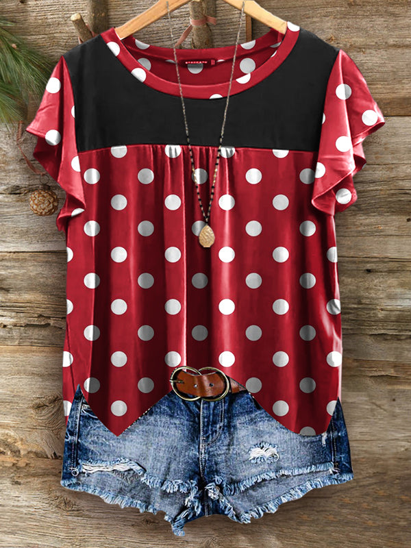 Polka Dot Contrast Color Round Neck Ruched Top