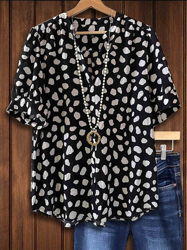 Spotted Print Split Collar Blouse