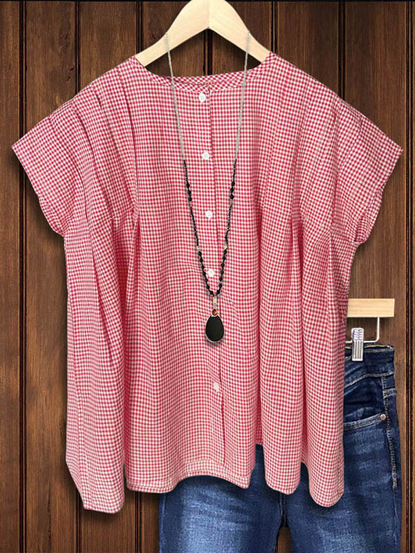 Plaid Pleated Casual Loose Blouse