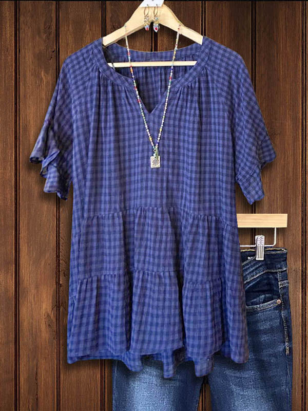 Purple Check Pleated Ruffle Blouse