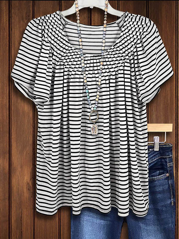 Striped Printed Pleated Design Blouse (Recommend Size Up)