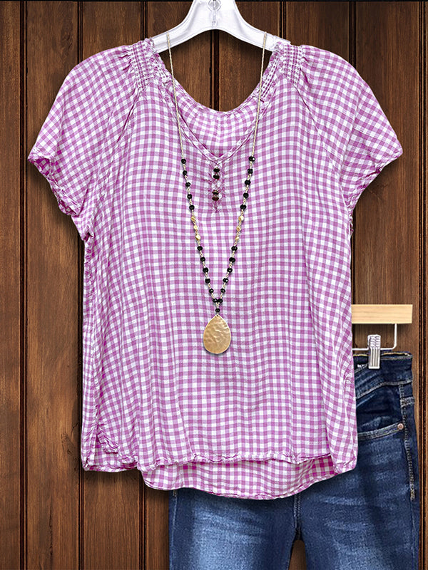 Plaid Gathered Button Down Blouse