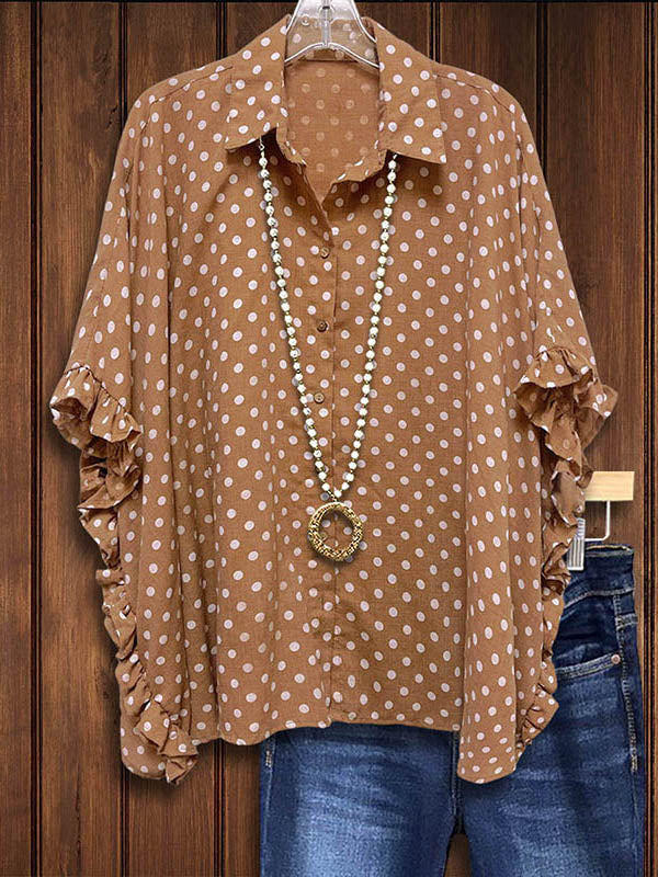 Polka Dot Print Ruffle Batwing Sleeve Blouse