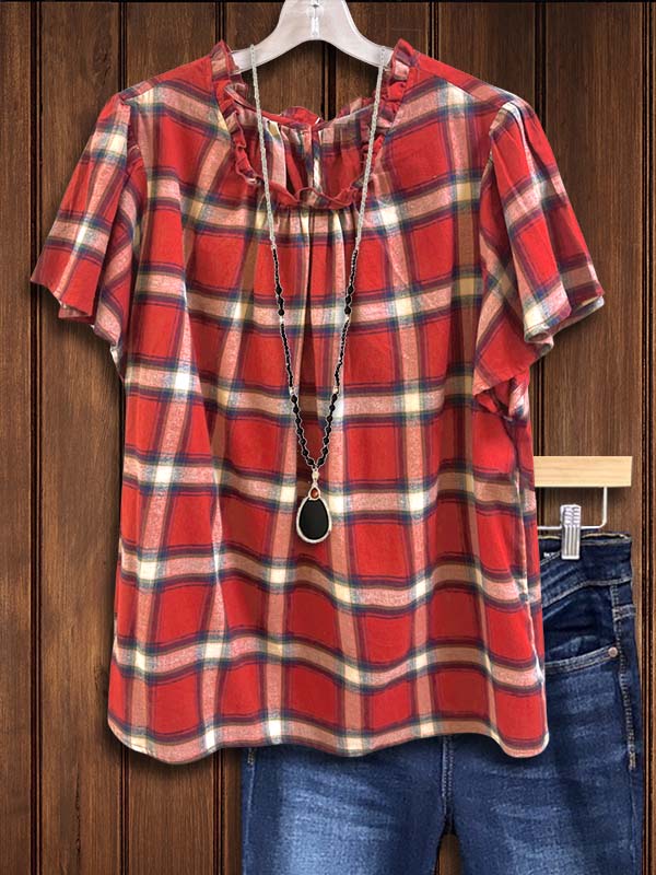 Plaid Gathered Loose Blouse