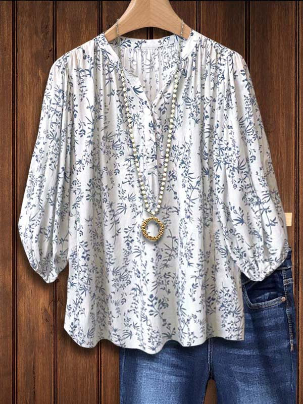 Blue Floral Print Puff Sleeve Blouse