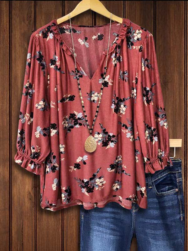 Floral Print Ruffle Gathered Blouse