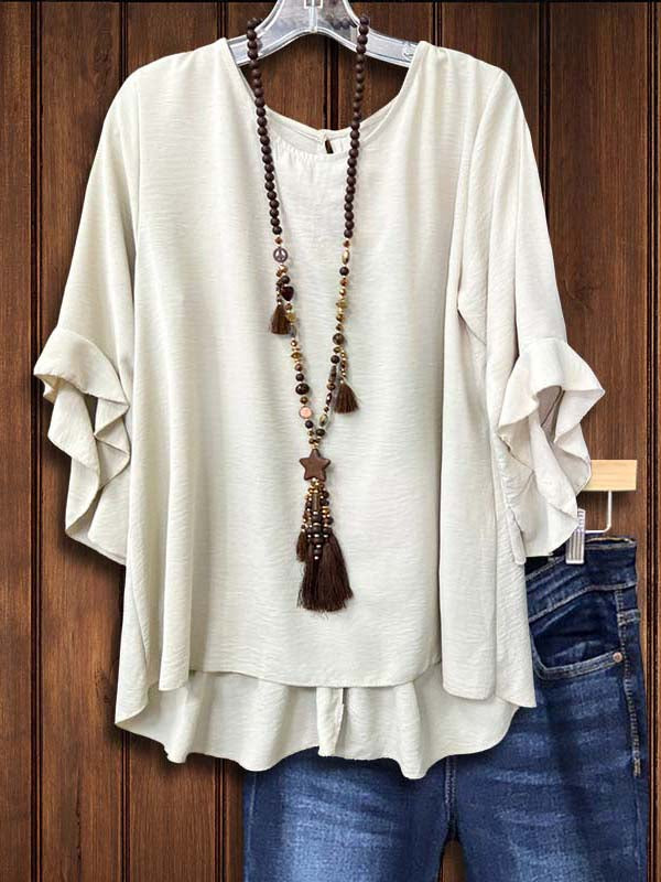 Beige Ruffle Sleeve Loose Blouse