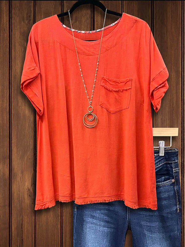 Orange Linen Patch Pocket Loose Blouse