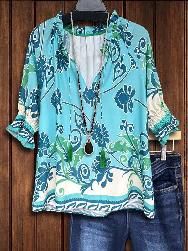 Ethnic Print Gathered Blouse