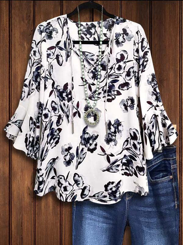 Black And White Floral Print Layered Ruffle Sleeve Blouse