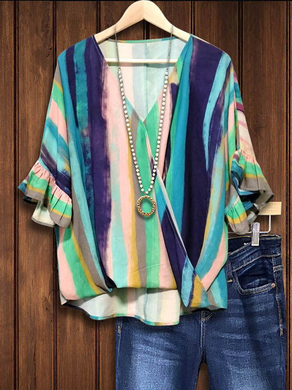 Multicolor Striped Ruffled Crossover Blouse