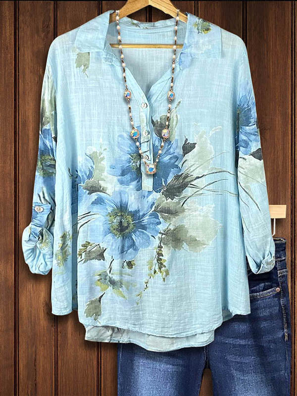 Floral Print Linen Lapel Blouse