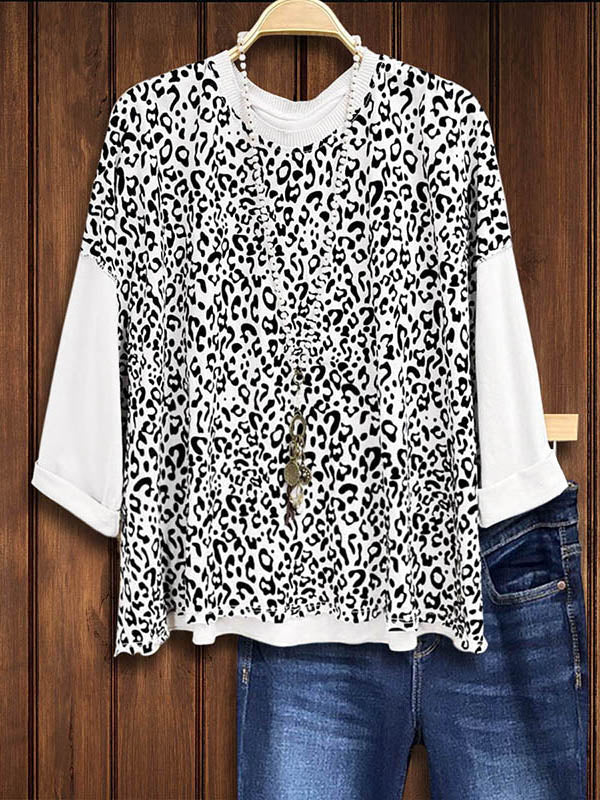 White Leopard Print Patchwork Loose Blouse