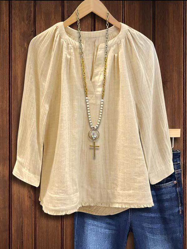 Split Collar Pleated Linen Loose Blouse