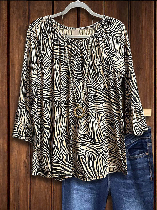 Contrast Zebra Print Ruffle Sleeve Blouse