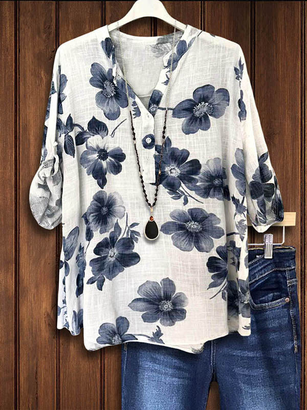 Floral Print Split Collar Linen Blouse