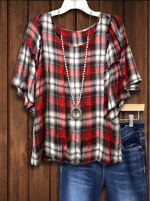 Plaid Ruffle Sleeve Loose Blouse