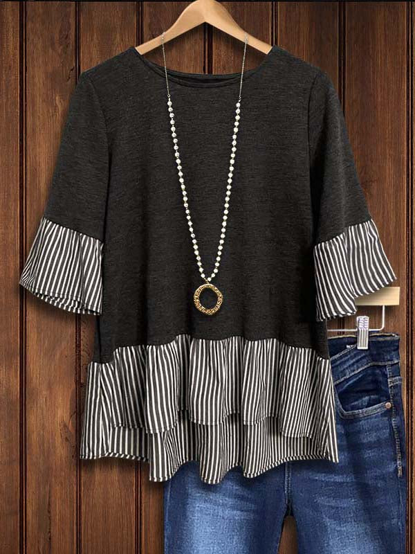 Striped Patchwork Ruffle Sleeve Blouse