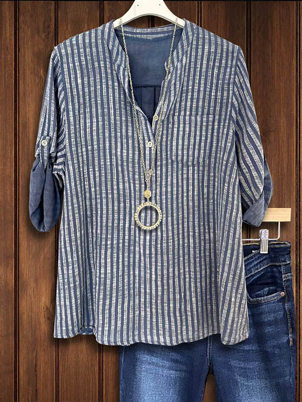 Linen Striped Buttoned Pocket Blouse