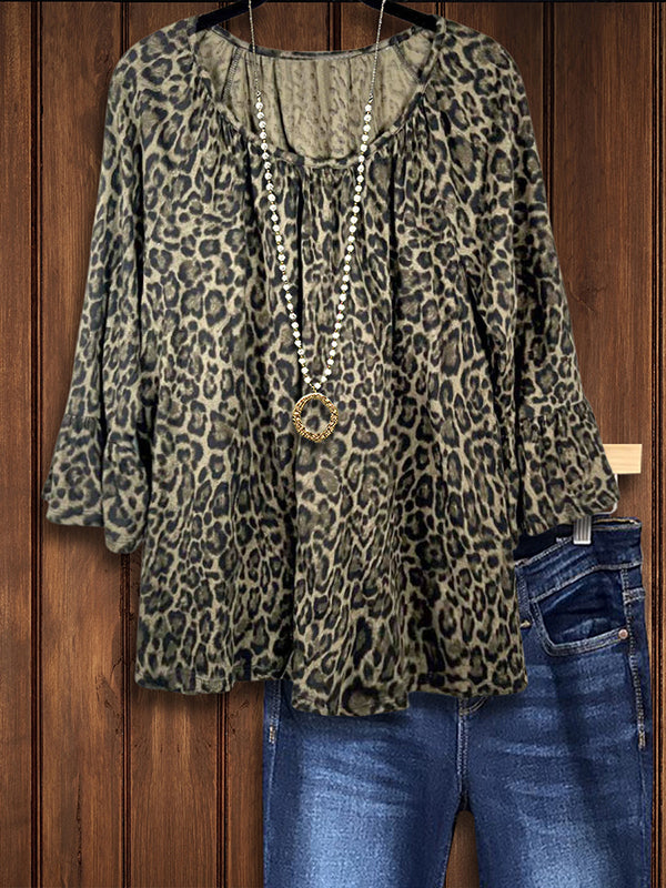 Leopard Print Ruffle Sleeve Blouse