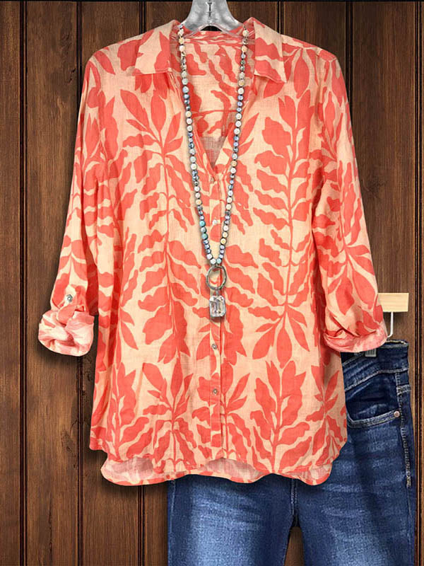 Leaves Printed Button Loose Shirt