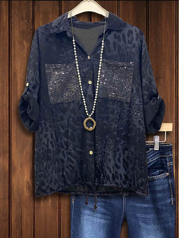 Leopard Print Sequin Pocket Patchwork Shirt