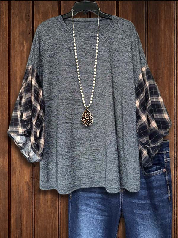 Plaid Print Sleeve Patchwork Loose Top