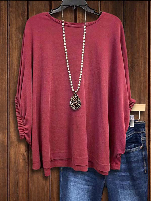 Round Neck Dolman Sleeve Gathered Loose Blouse