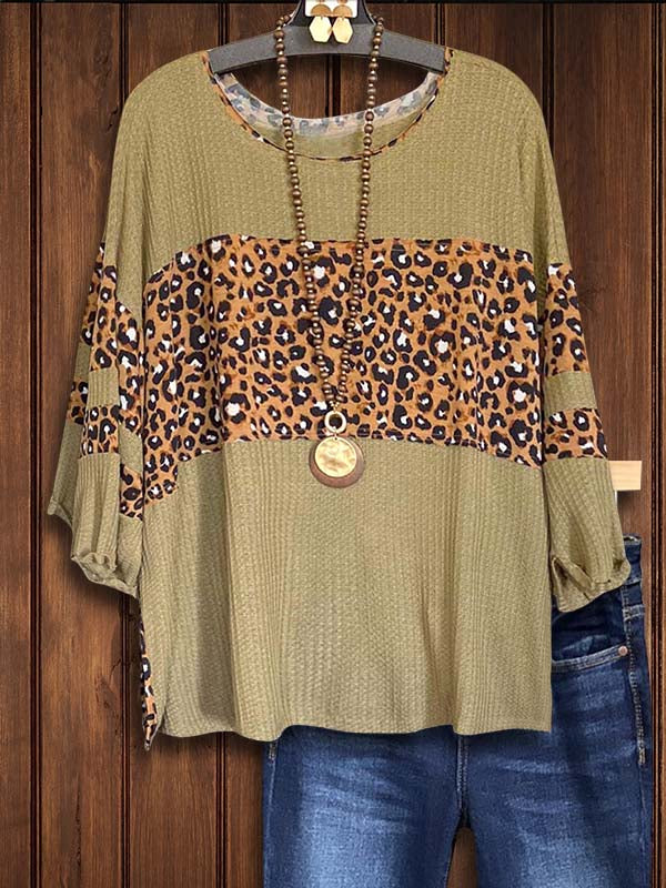 Olive Green Leopard Print Patchwork Loose Top