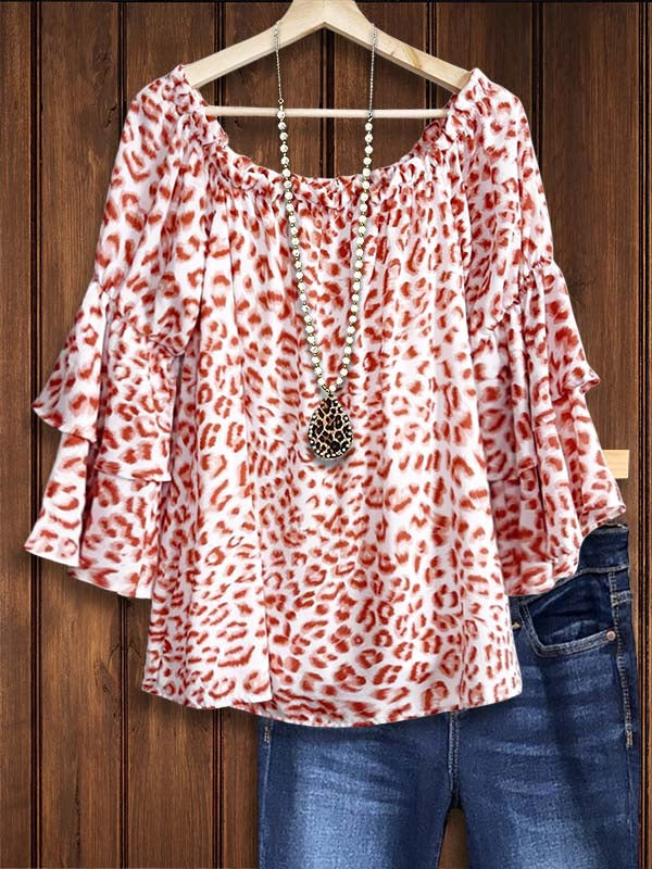 Pink Leopard Print Ruffle Sleeve Blouse