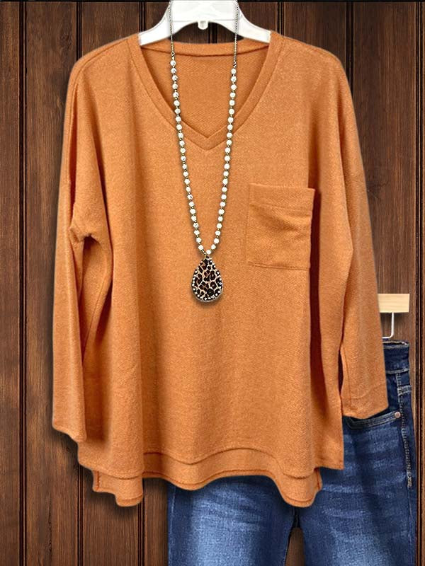 Orange V-Neck Pocket Loose Sweatshirt