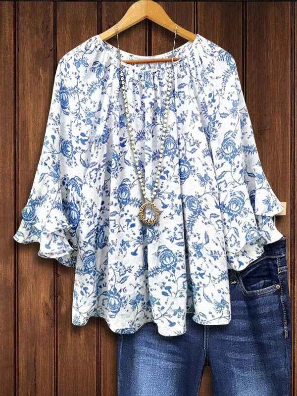 Blue and White Porcelain Print Ruffle Sleeve Blouse