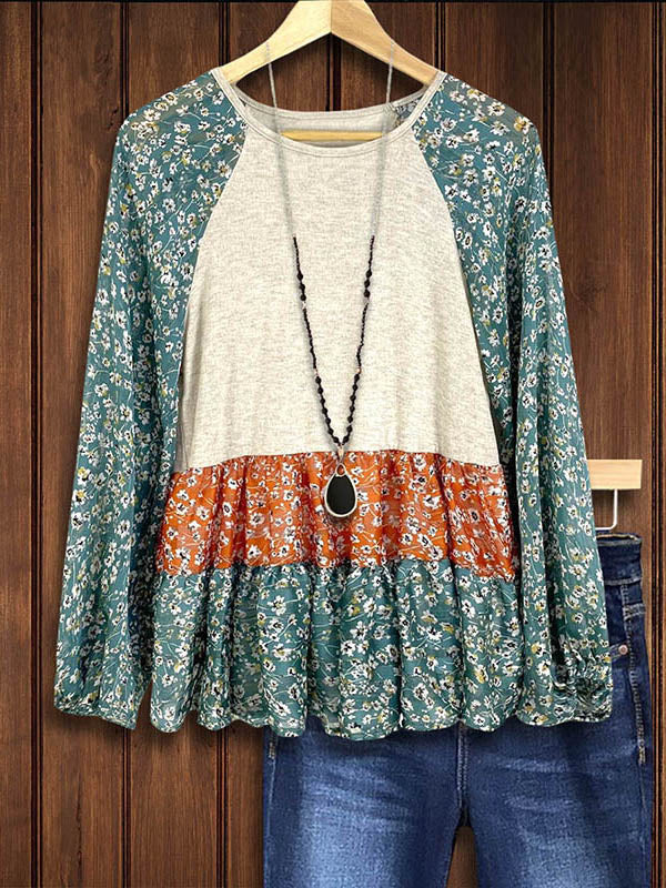 Contrast Floral Print Patchwork Top