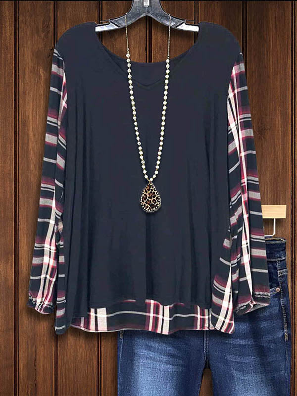 Round Neck Plaid Patchwork Loose Top