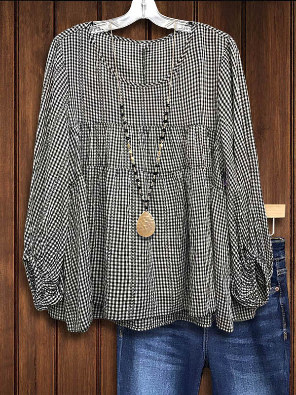 Plaid Pleated Puff Sleeve Blouse