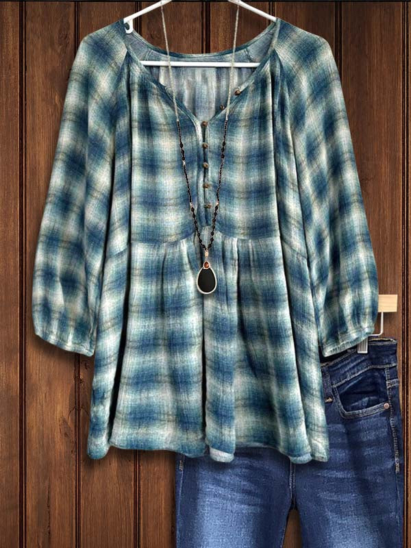 Plaid Button Puff Sleeve Blouse