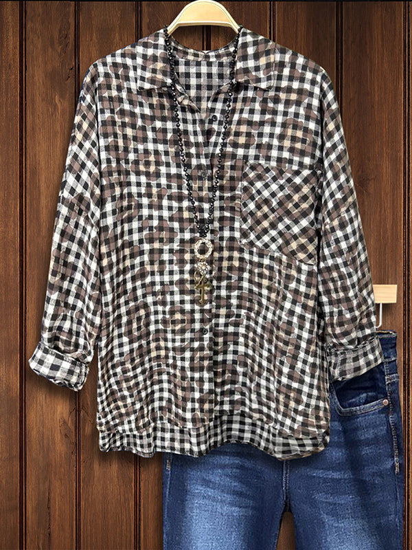 Plaid Leopard Print Button-Down Shirt