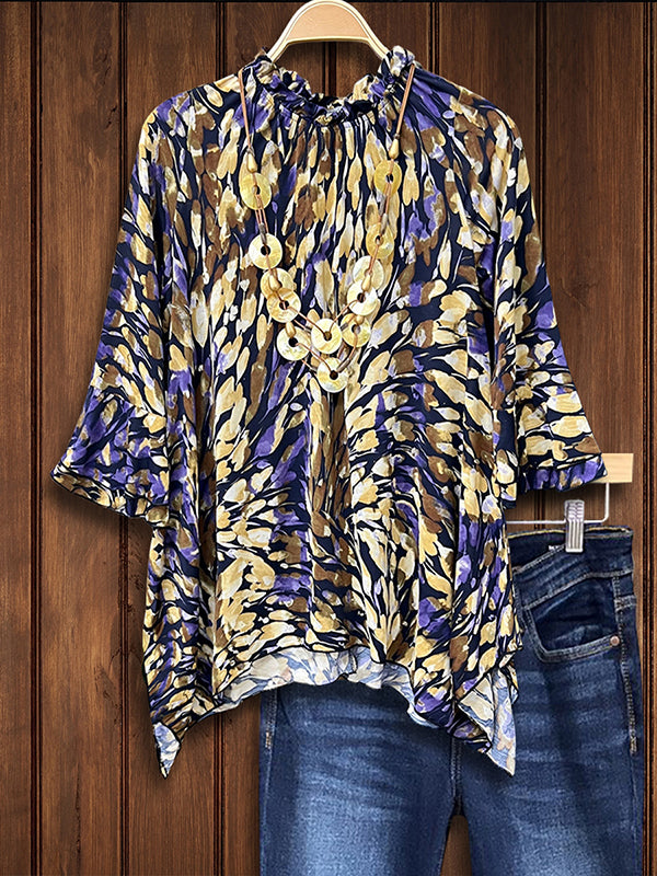 Abstract Print Gathered Ruffle Sleeve Top