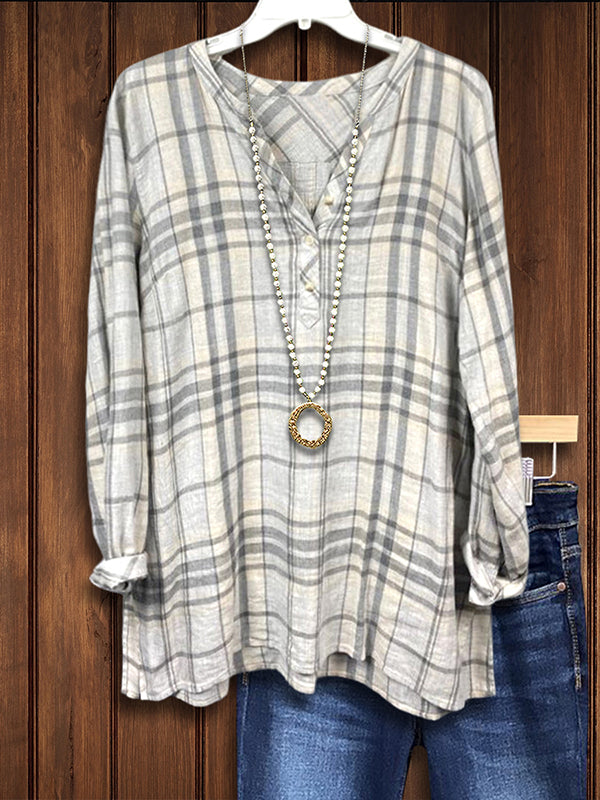 Long Sleeve Plaid Button Top