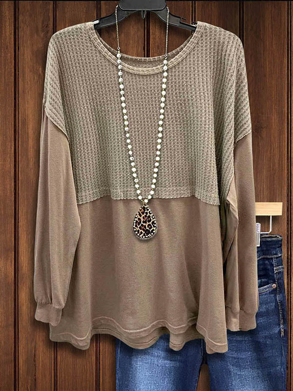 Khaki Waffle Patchwork Loose Top