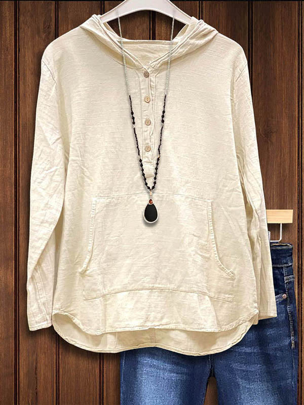 Linen Patch Pocket Buttoned Loose Hoodie