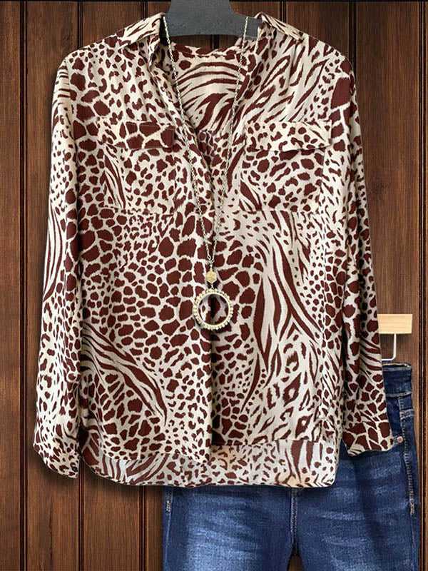 Leopard Print Patch Pocket Loose Blouse