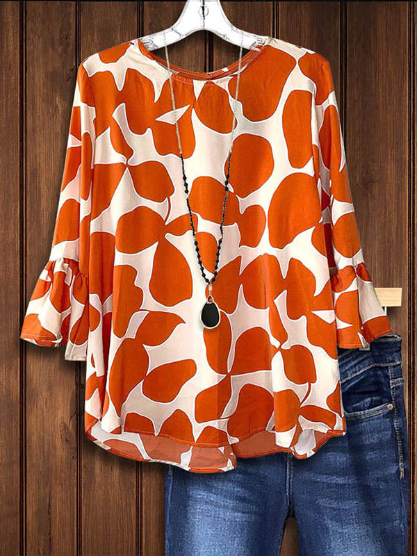 Leaves Print Ruffle Sleeve Blouse